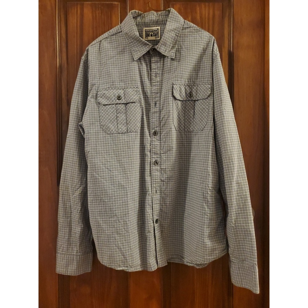 Converse One Star‎ Button Up Shirt Long Sleeve Gray Plaid Mens Size Medium